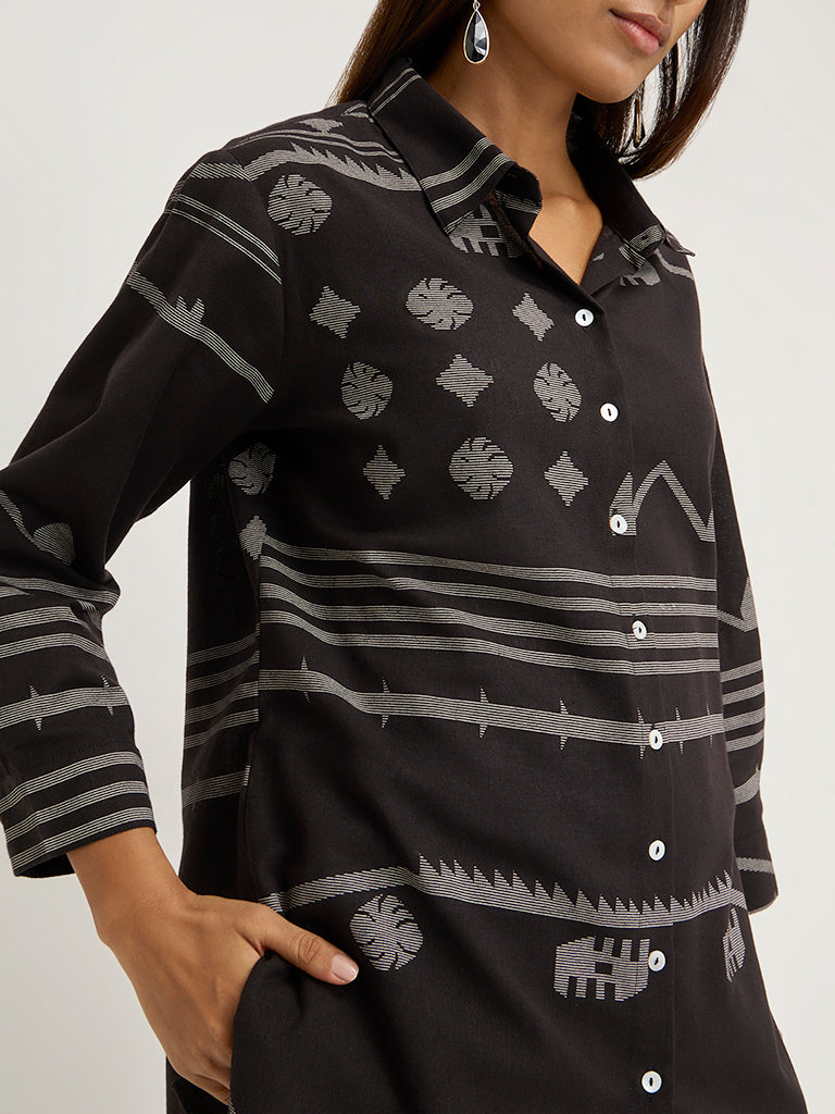 Utsa Black Ikat Printed Ethnic Cotton-Blend Tunic