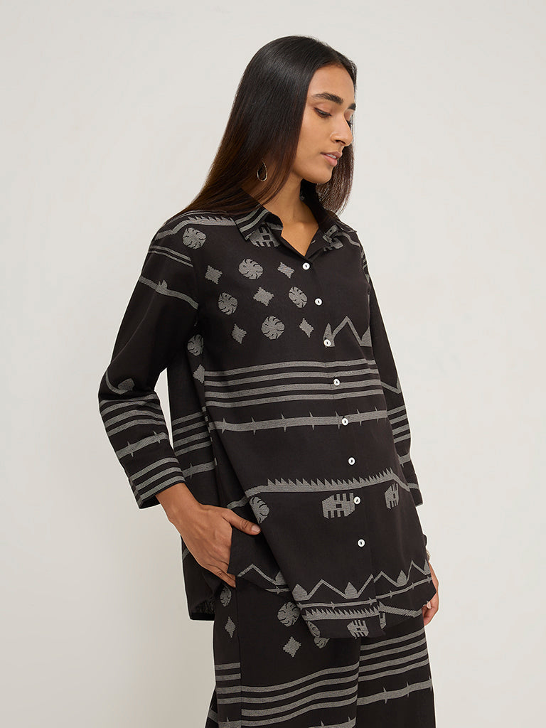 Utsa Black Ikat Printed Ethnic Cotton-Blend Tunic
