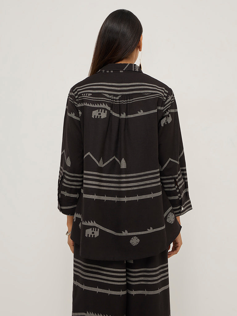 Utsa Black Ikat Printed Ethnic Cotton-Blend Tunic