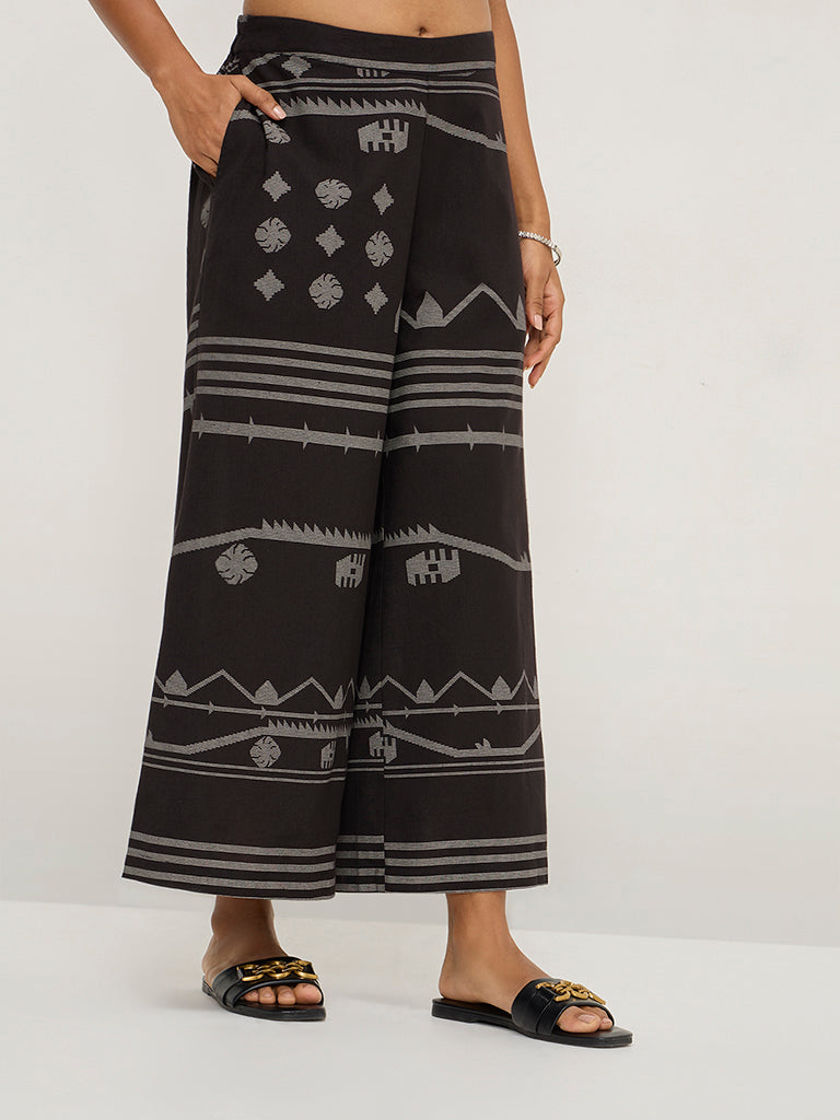 Utsa Black Ikat Design Cotton-Blend Palazzos