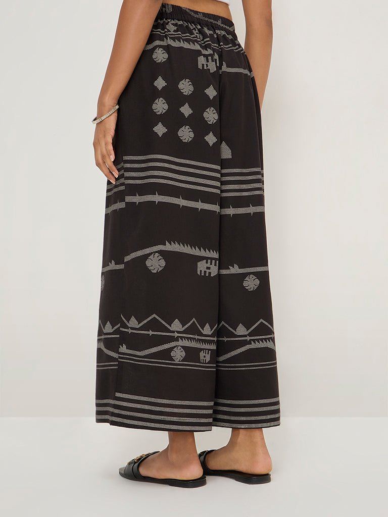 Utsa Black Ikat Design Cotton-Blend Palazzos