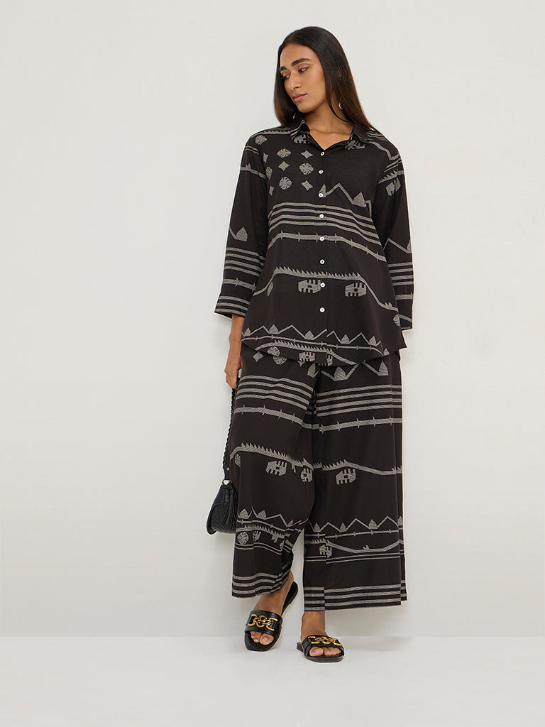 Utsa Black Ikat Design Cotton-Blend Palazzos