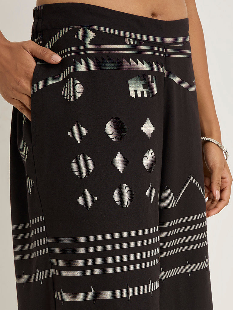 Utsa Black Ikat Design Cotton-Blend Palazzos