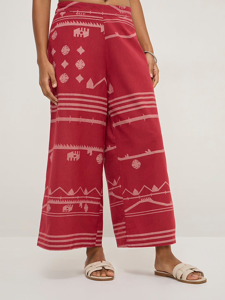 Utsa Red Ikat Design Cotton-Blend Palazzos