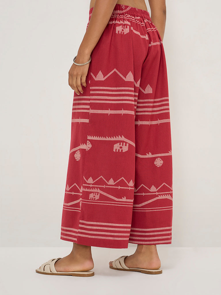 Utsa Red Ikat Design Cotton-Blend Palazzos