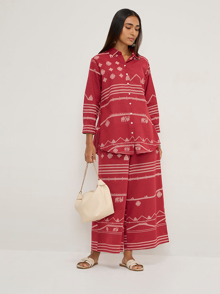 Utsa Red Ikat Design Cotton-Blend Palazzos