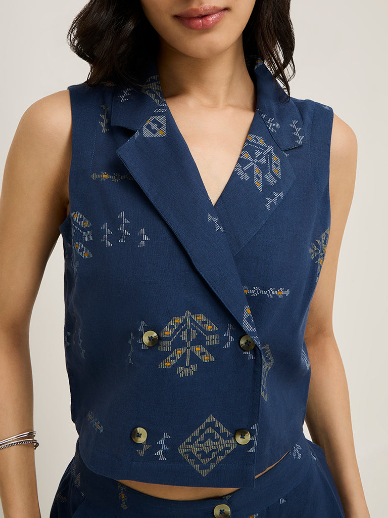 Bombay Paisley Navy Waistcoat-Style Cotton-Blend Top