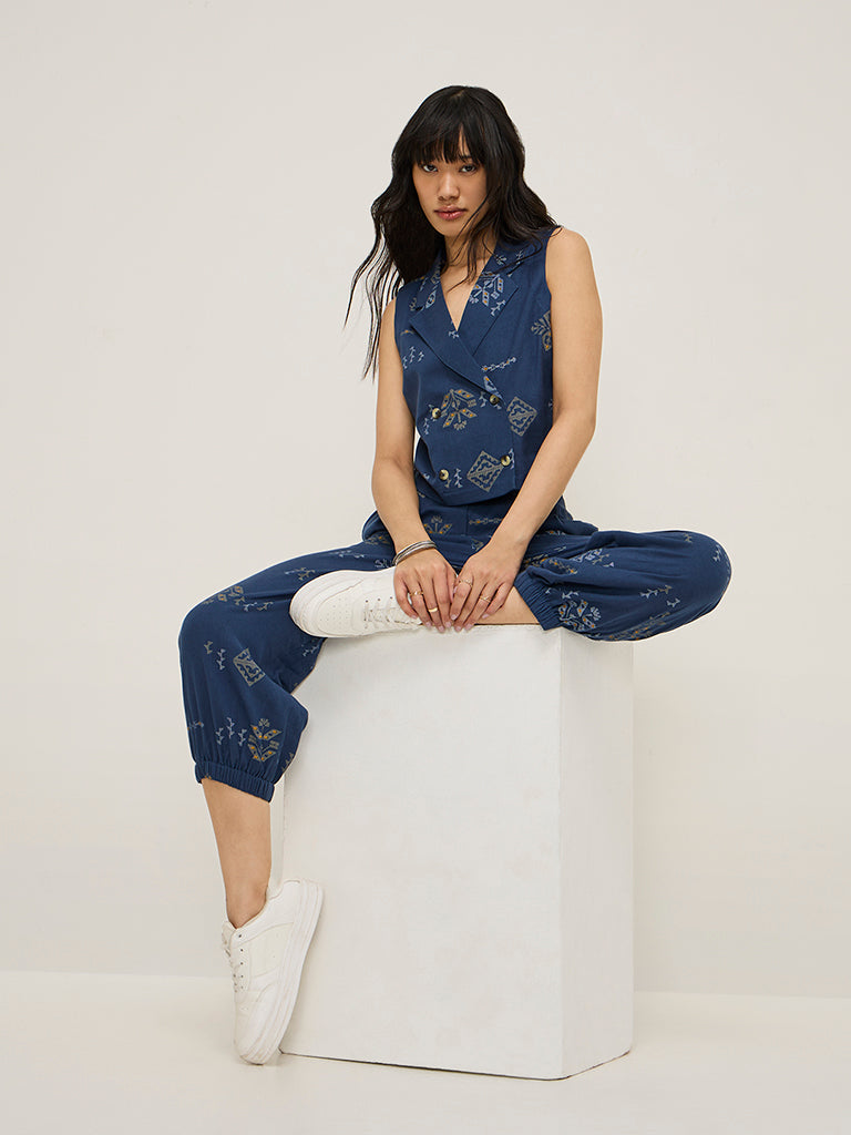 Bombay Paisley Navy Waistcoat-Style Cotton-Blend Top