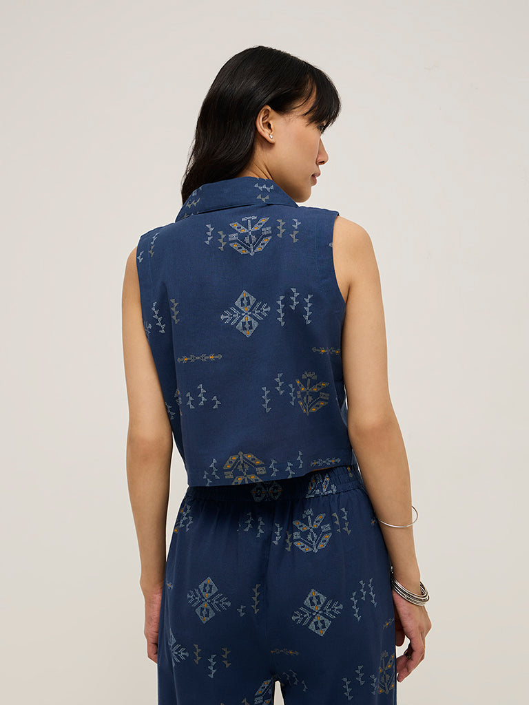 Bombay Paisley Navy Waistcoat-Style Cotton-Blend Top