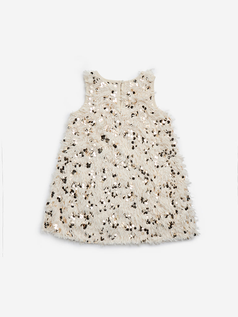 HOP Kids Light Gold Sequined Faux-Fur Party Dress