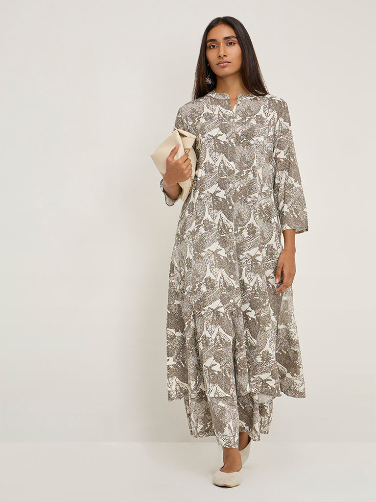Utsa Charcoal Leaf Printed A-Line Kurta