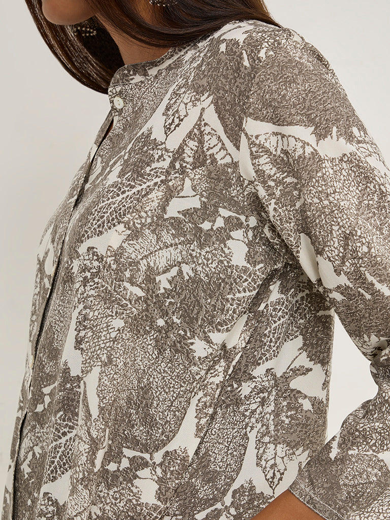Utsa Charcoal Leaf Printed A-Line Kurta