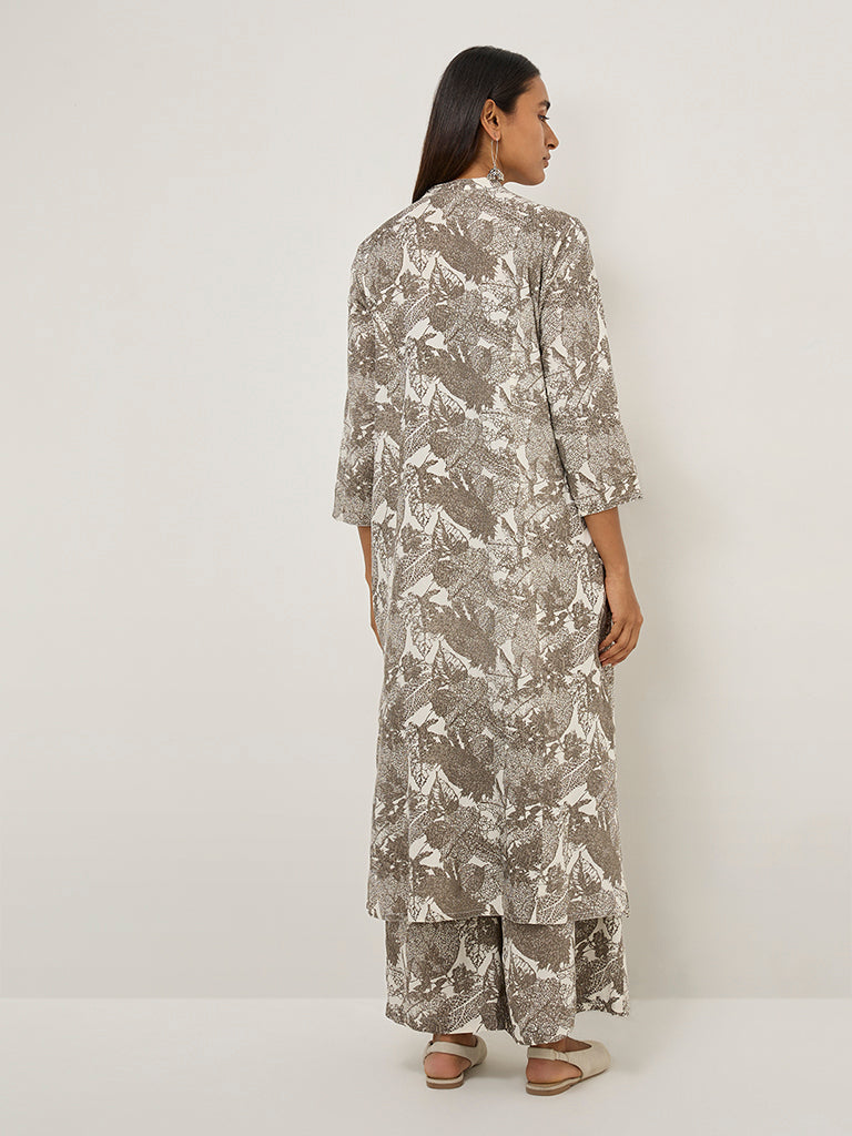 Utsa Charcoal Leaf Printed A-Line Kurta