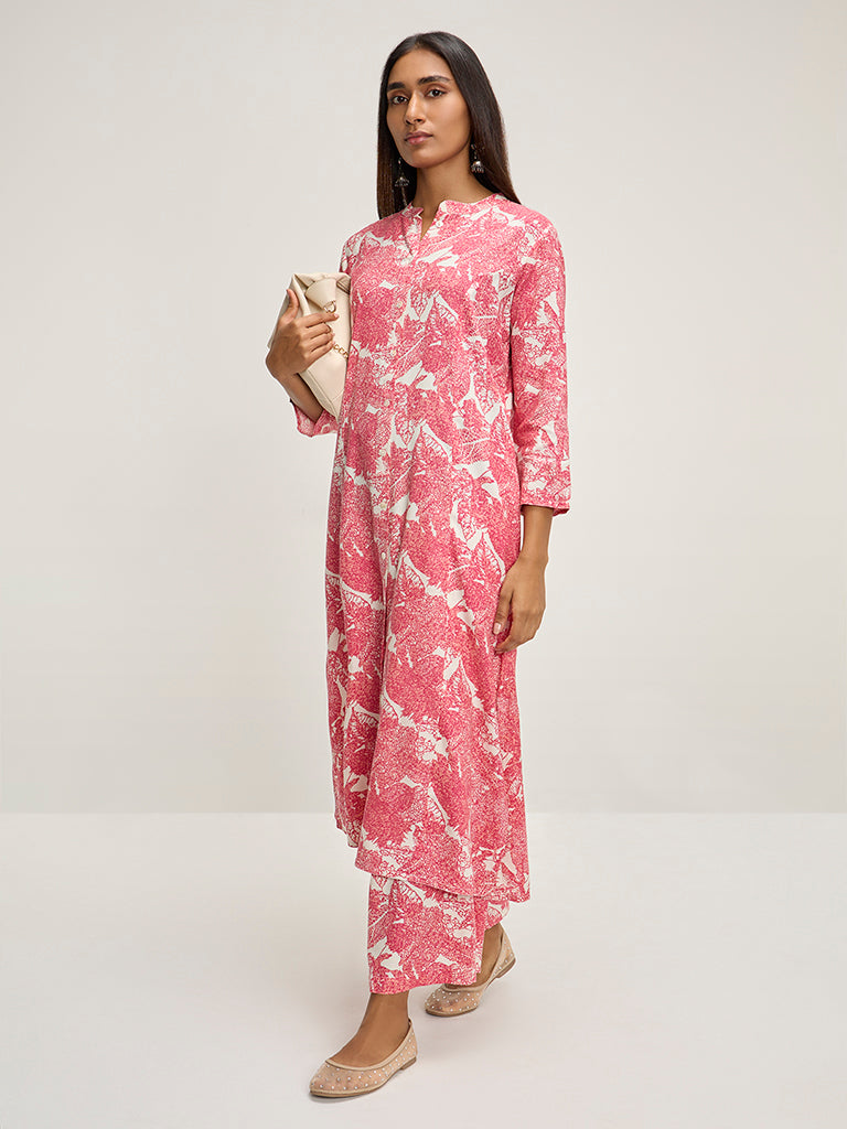 Utsa Pink Leaf Design A-Line Kurta