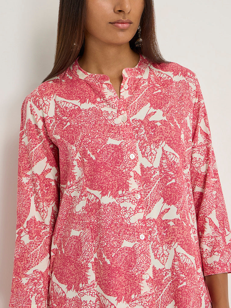 Utsa Pink Leaf Design A-Line Kurta