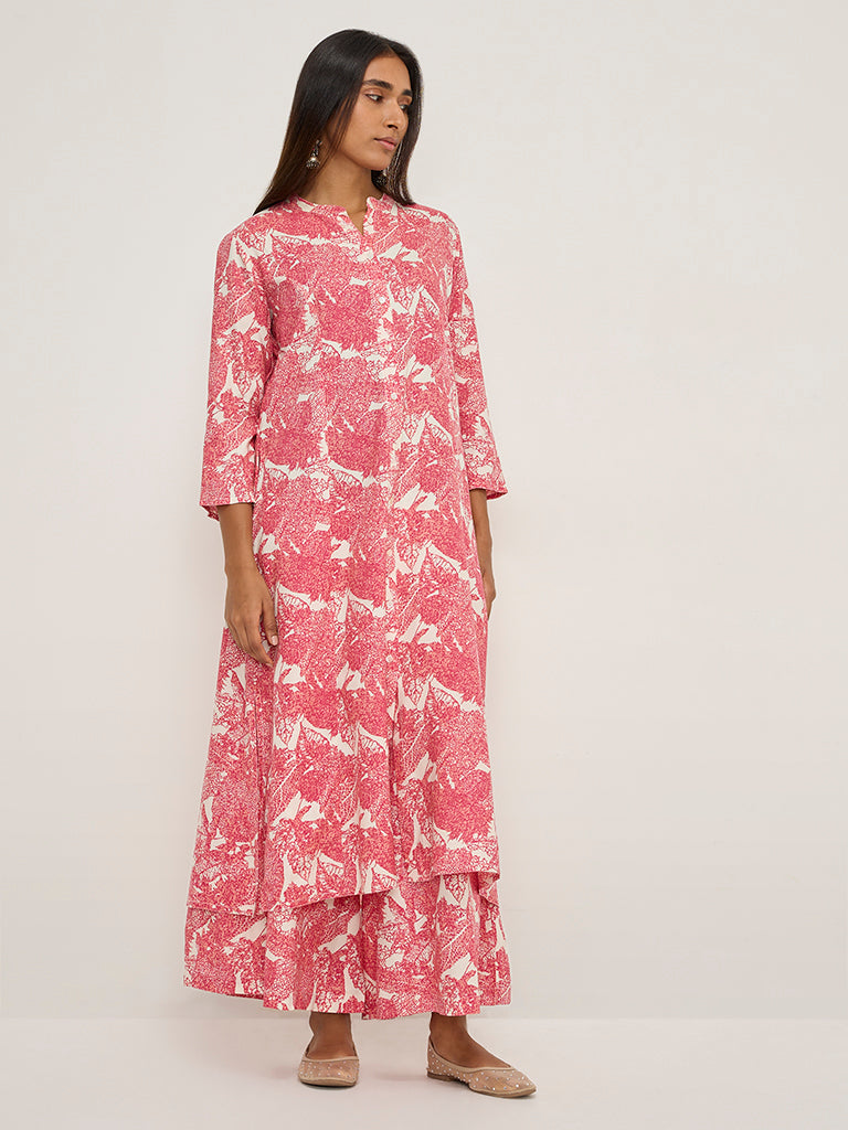 Utsa Pink Leaf Design A-Line Kurta