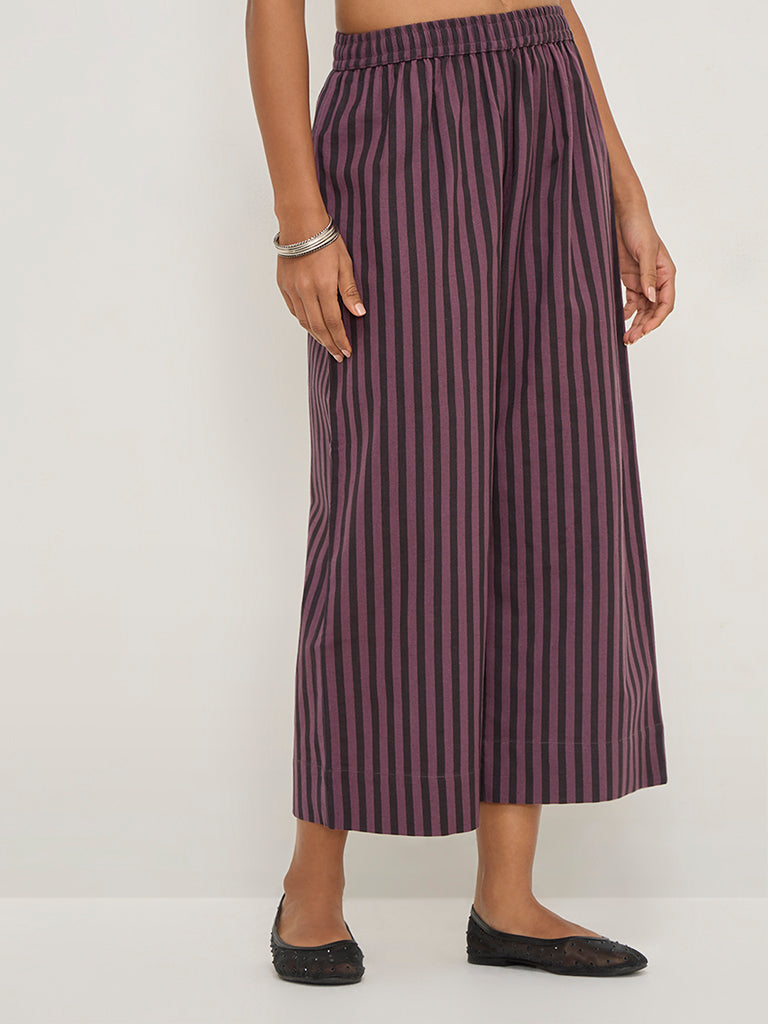 Utsa Purple Striped High-Rise Cotton-Blend Ethnic Pants