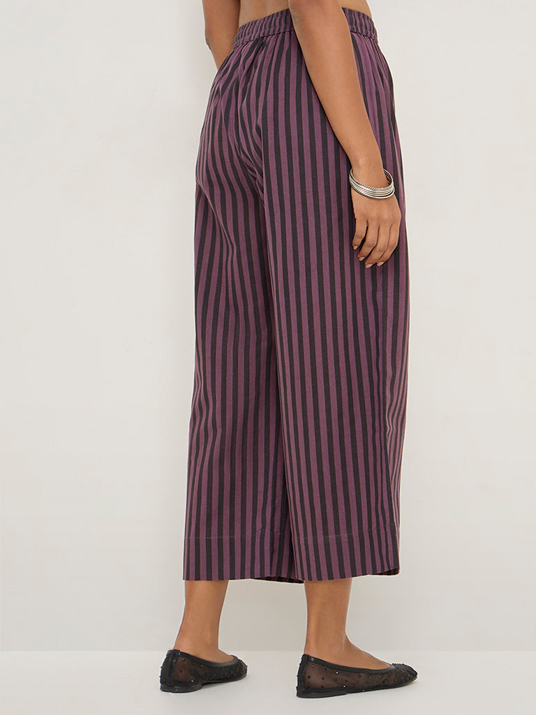 Utsa Purple Striped High-Rise Cotton-Blend Ethnic Pants