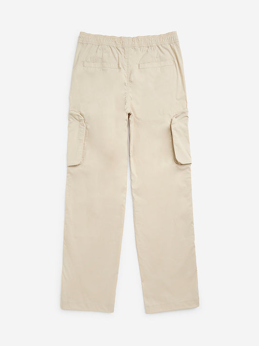 Y&F Kids Beige Cargo-Style Mid-Rise Cotton-Blend Trousers