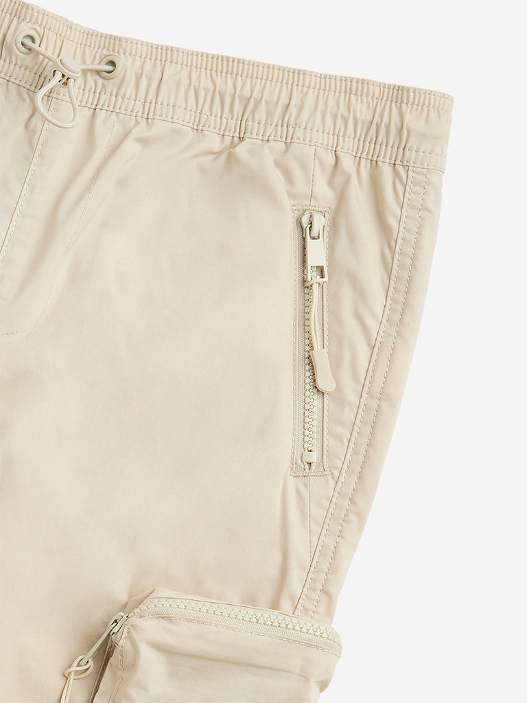Y&F Kids Beige Cargo-Style Mid-Rise Cotton-Blend Trousers