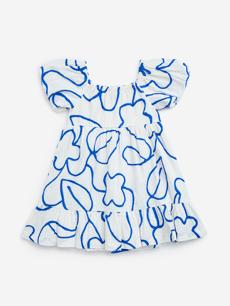 HOP Kids White & Blue Floral Cotton Dress