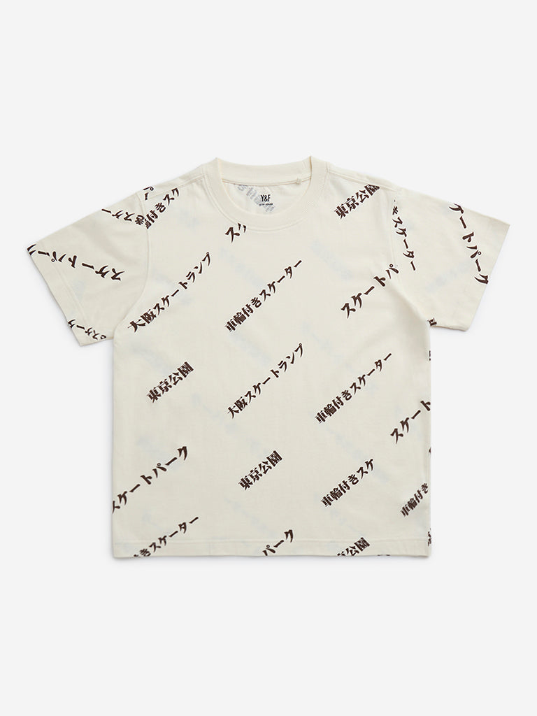 Y&F Kids Off-White Japanese Text Design Cotton T-Shirt
