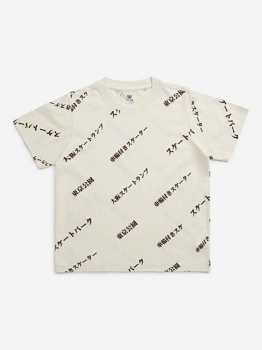 Y&F Kids Off-White Japanese Text Design Cotton T-Shirt