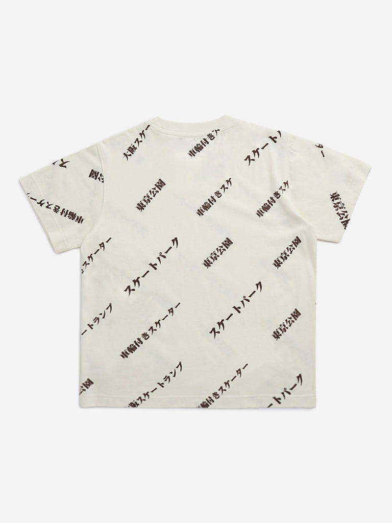 Y&F Kids Off-White Japanese Text Design Cotton T-Shirt