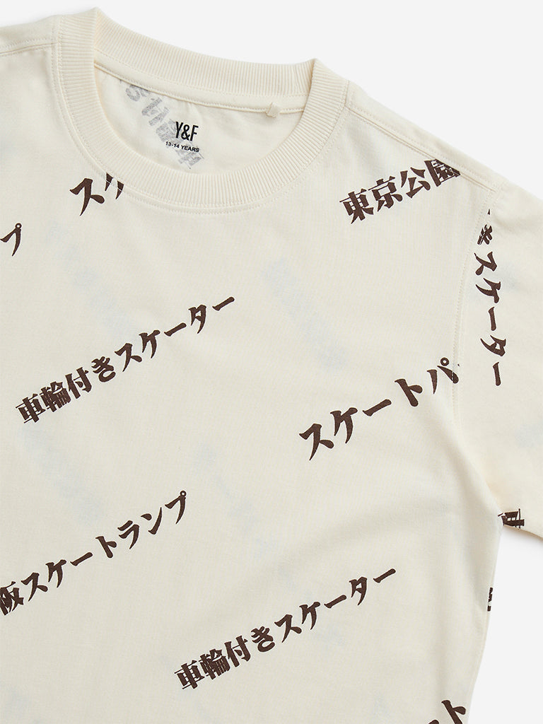 Y&F Kids Off-White Japanese Text Design Cotton T-Shirt