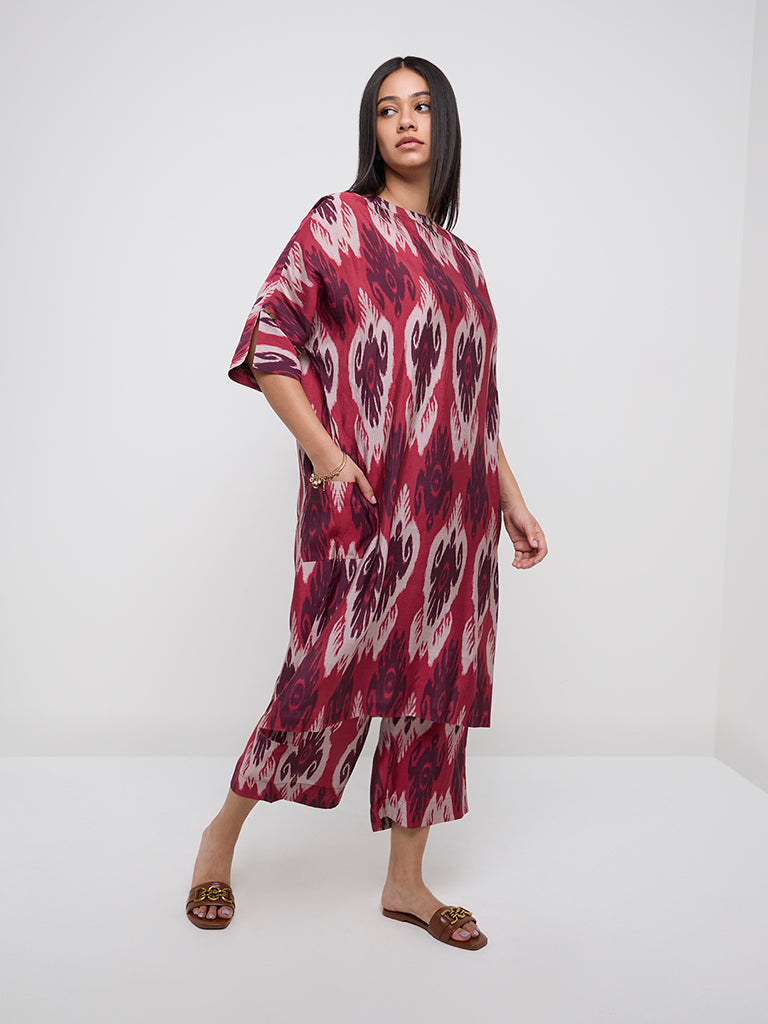 Diza Red Ikat Printed High-Rise Ethnic Pants