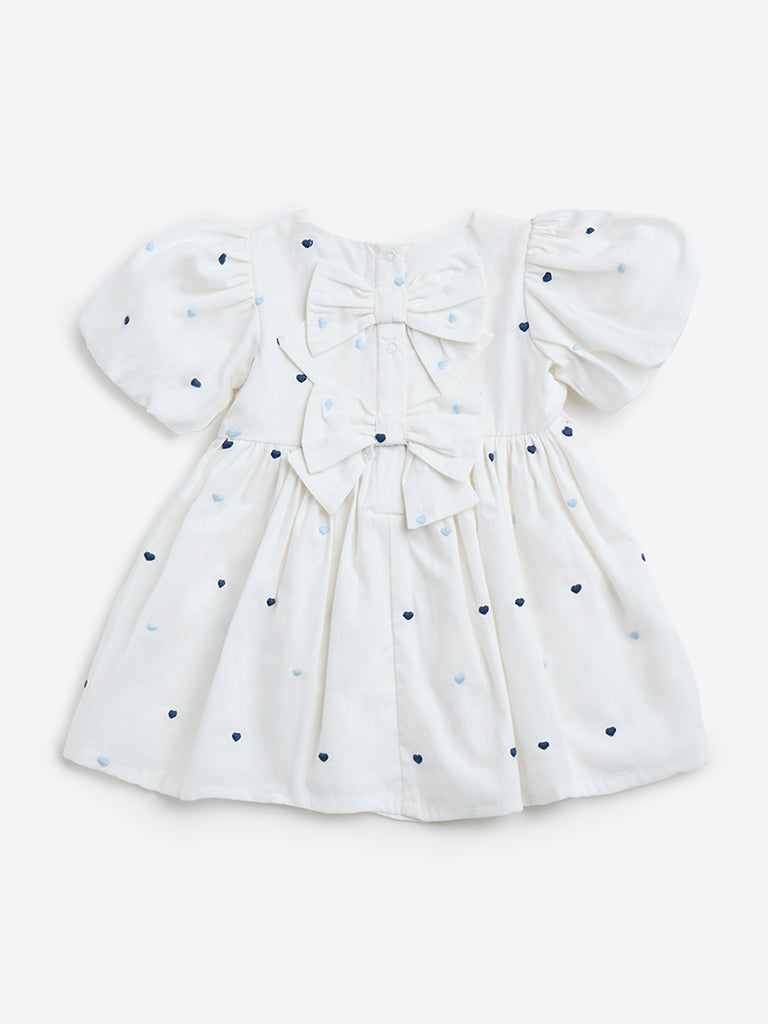 HOP Baby White Heart Printed Cotton A-Line Dress