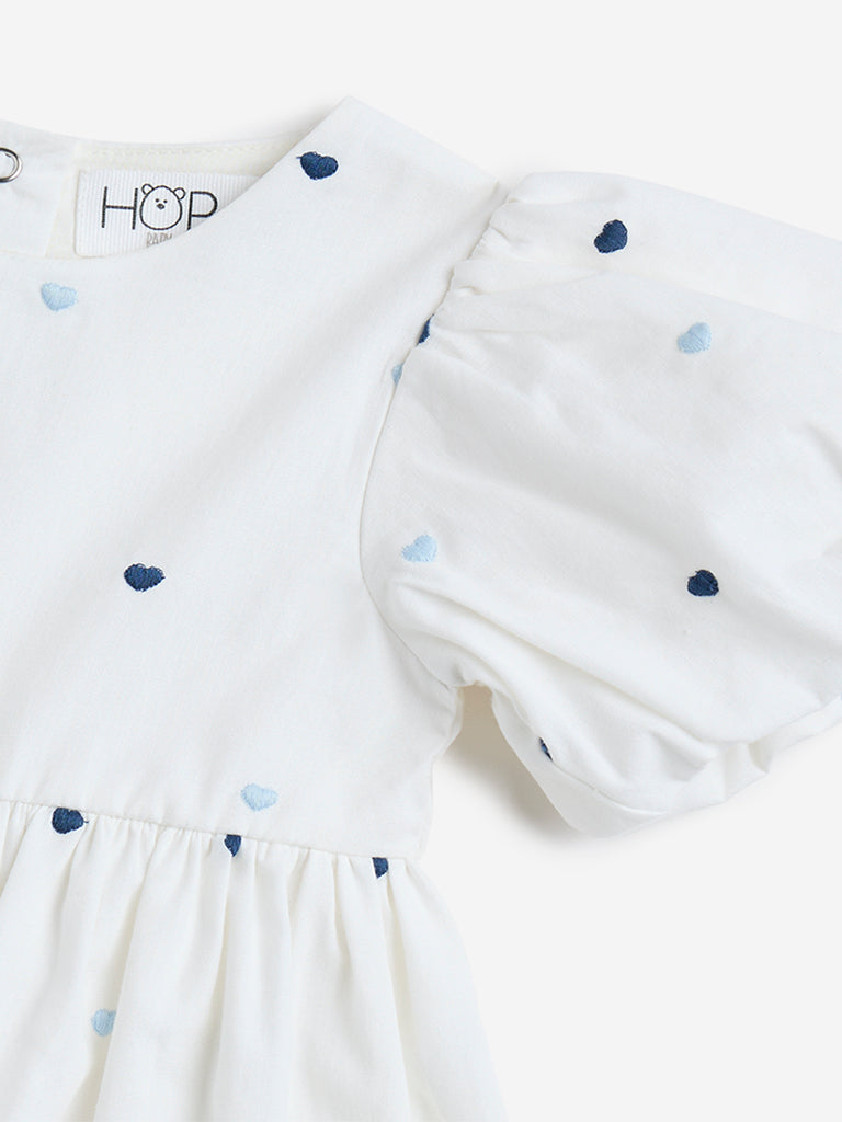 HOP Baby White Heart Printed Cotton A-Line Dress