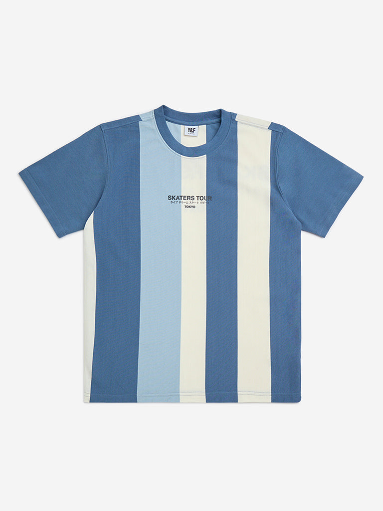 Y&F Kids Blue Colour-Blocked Cotton-Blend T-Shirt