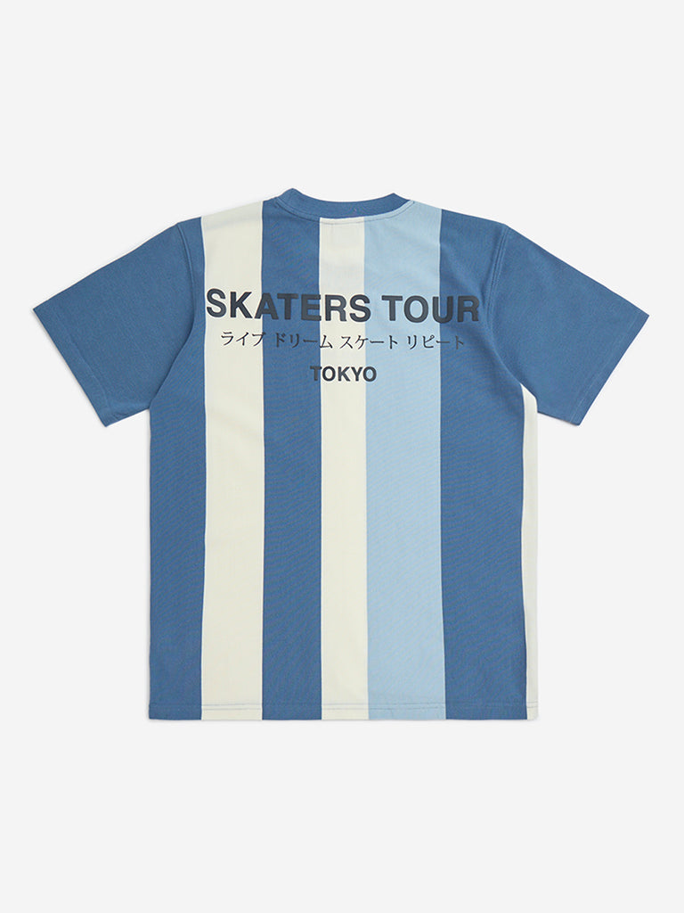 Y&F Kids Blue Colour-Blocked Cotton-Blend T-Shirt