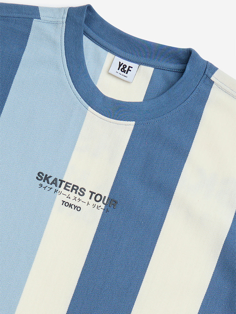 Y&F Kids Blue Colour-Blocked Cotton-Blend T-Shirt