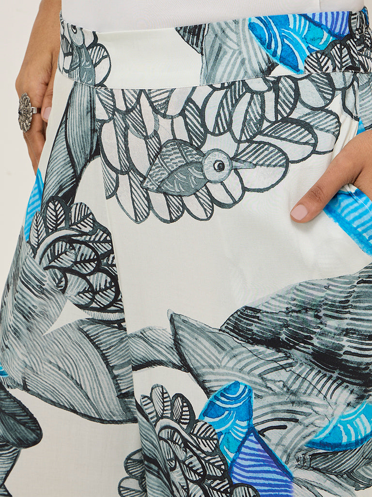 Diza White Gond Printed Ethnic Pants