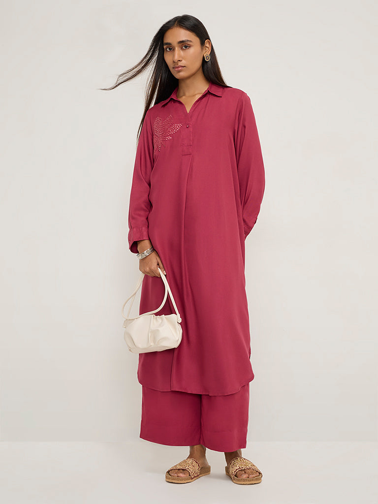 Utsa Magenta Floral Embellished A-Line Kurta