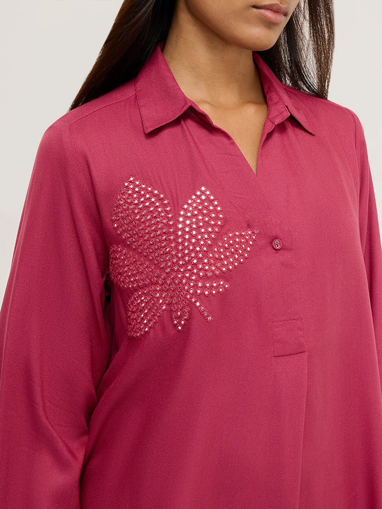 Utsa Magenta Floral Embellished A-Line Kurta