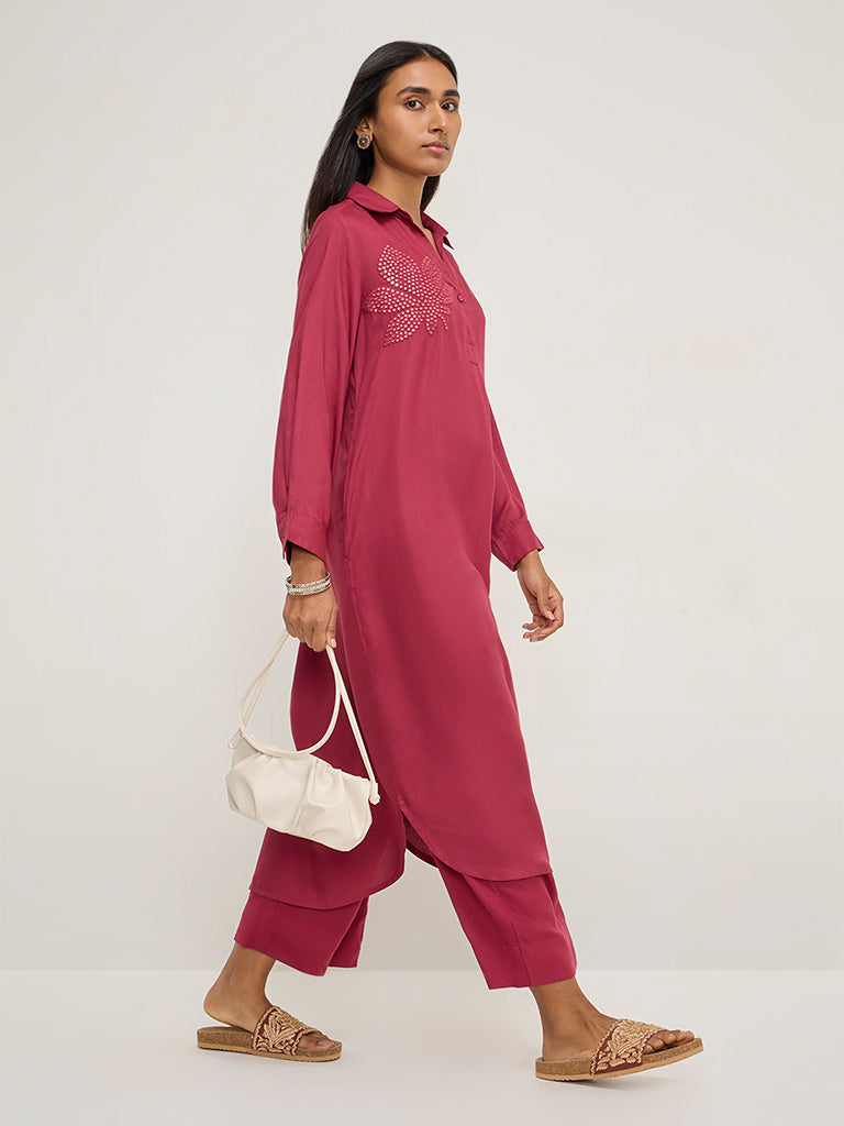 Utsa Magenta Floral Embellished A-Line Kurta