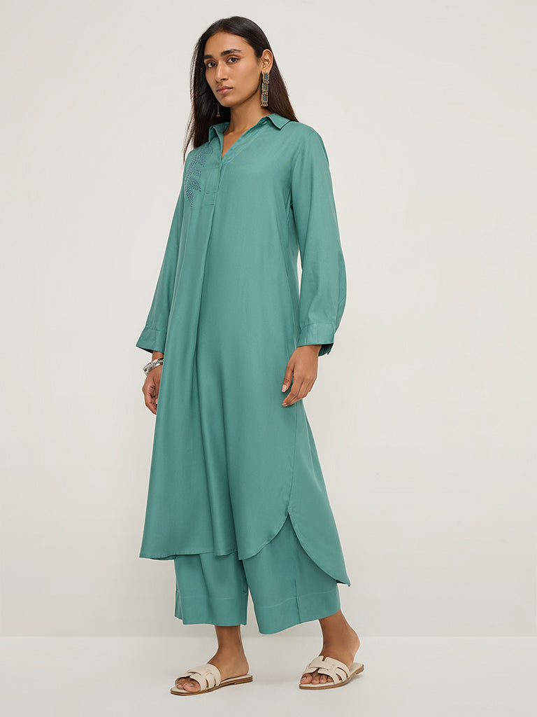 Utsa Teal Solid Ethnic Pants