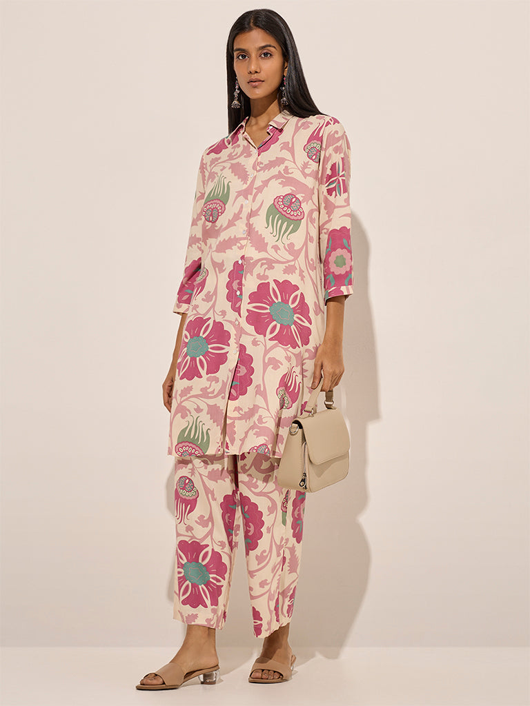 Utsa Pink Floral Printed High-Low Cotton Kurta