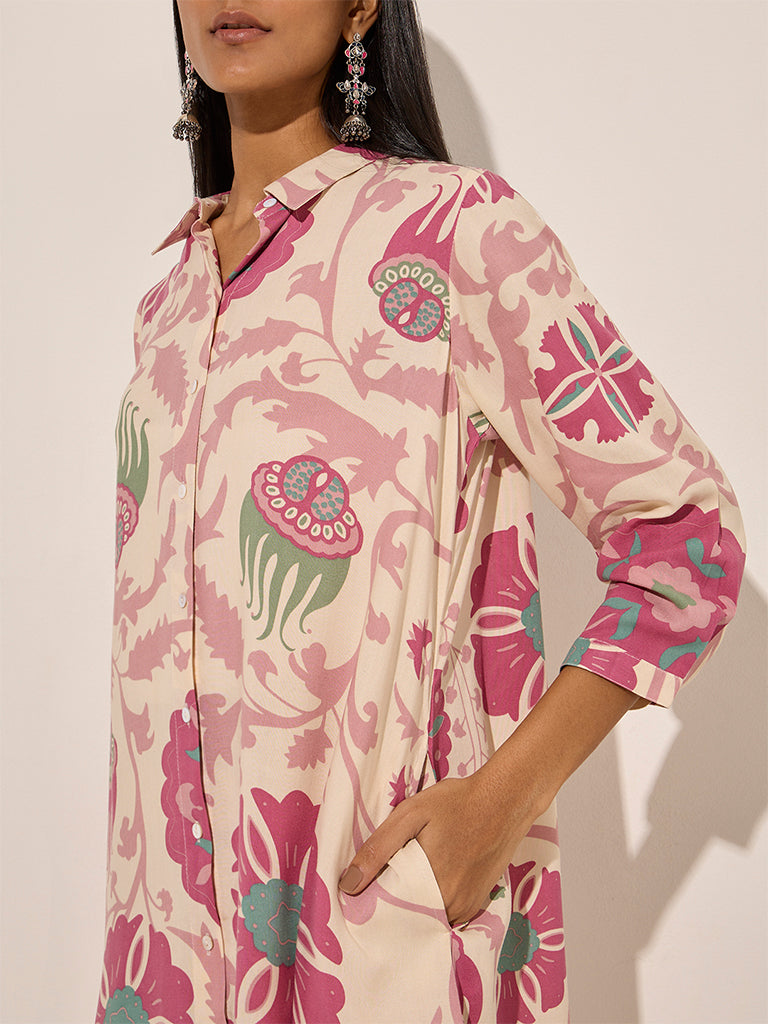 Utsa Pink Floral Printed High-Low Cotton Kurta