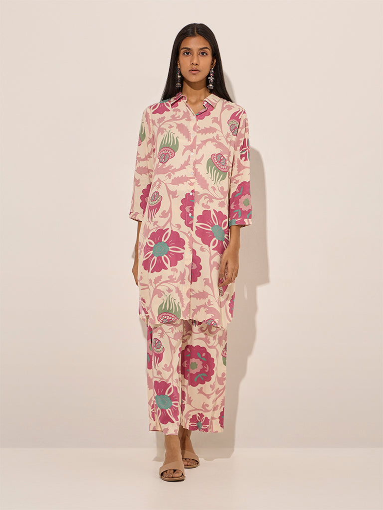 Utsa Pink Floral Printed High-Low Cotton Kurta
