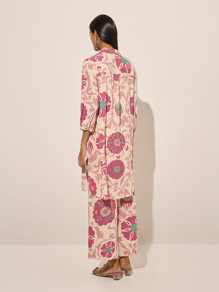 Utsa Pink Floral Printed High-Low Cotton Kurta