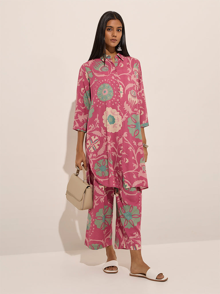 Utsa Pink Floral Printed High-Low Cotton Kurta