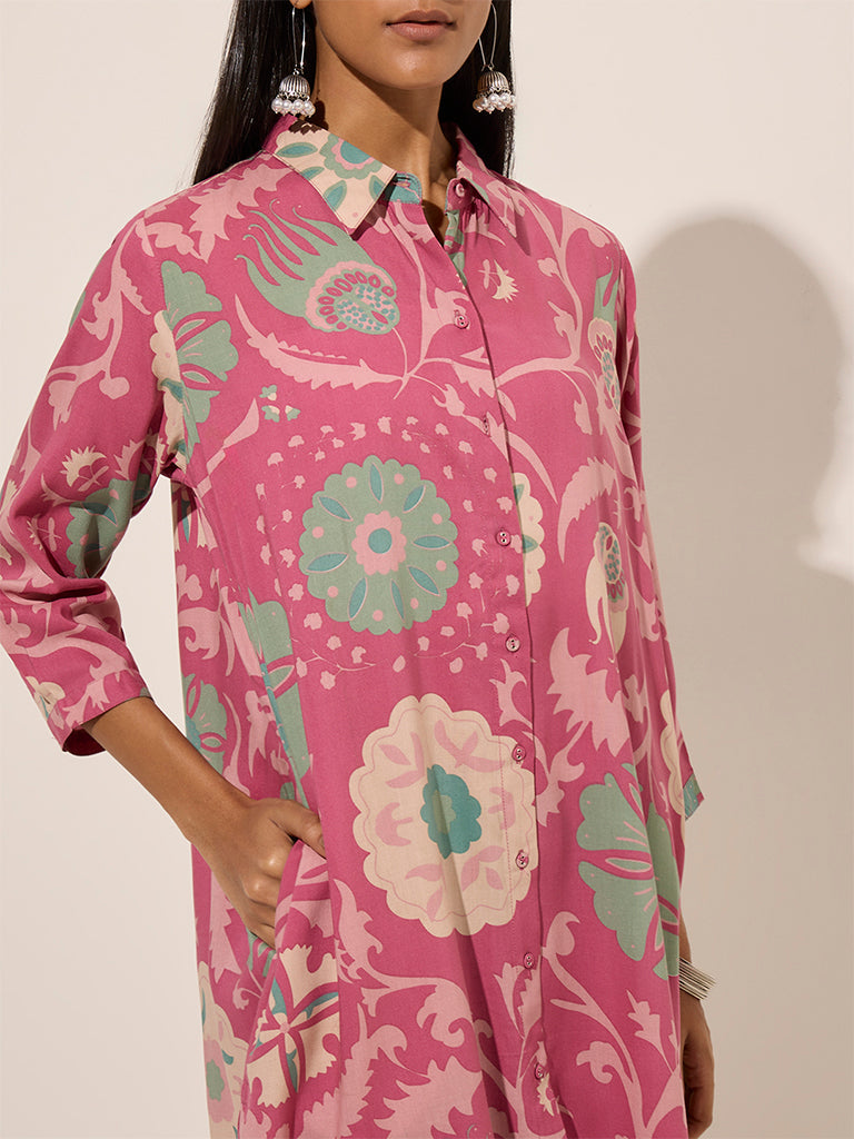Utsa Pink Floral Printed High-Low Cotton Kurta