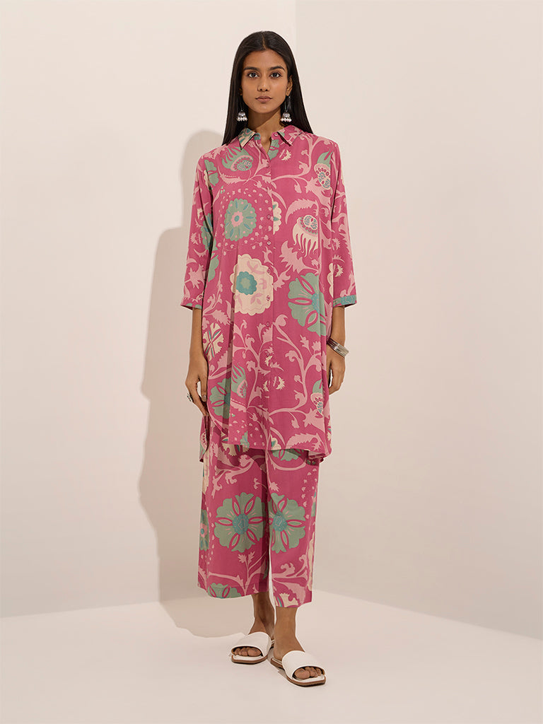 Utsa Pink Floral Printed High-Low Cotton Kurta
