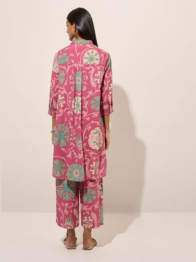 Utsa Pink Floral Printed High-Low Cotton Kurta