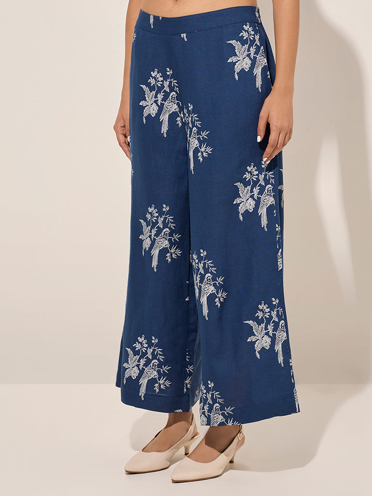 Zuba Blue Floral Printed Ethnic Cotton-Blend Pants