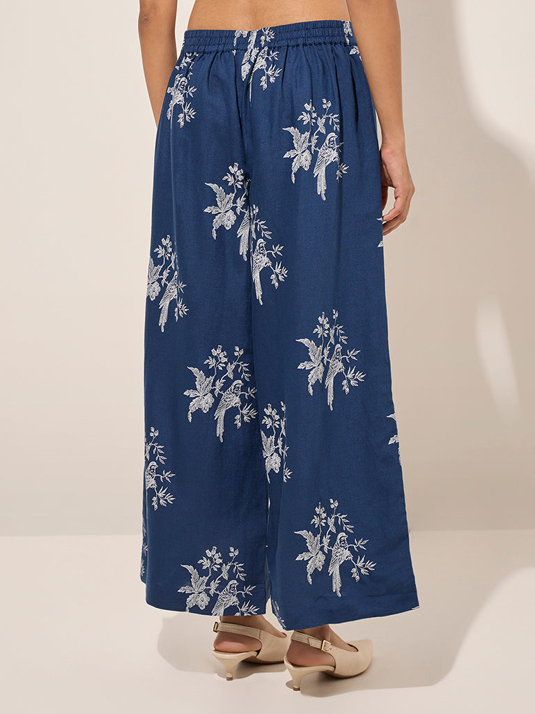 Zuba Blue Floral Printed Ethnic Cotton-Blend Pants
